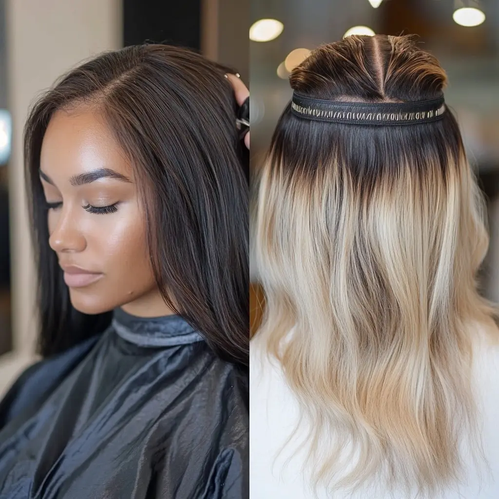 A woman in a beauty salon with her Hair divided in two halves, showcasing a before and after Hair Extensions transformation.