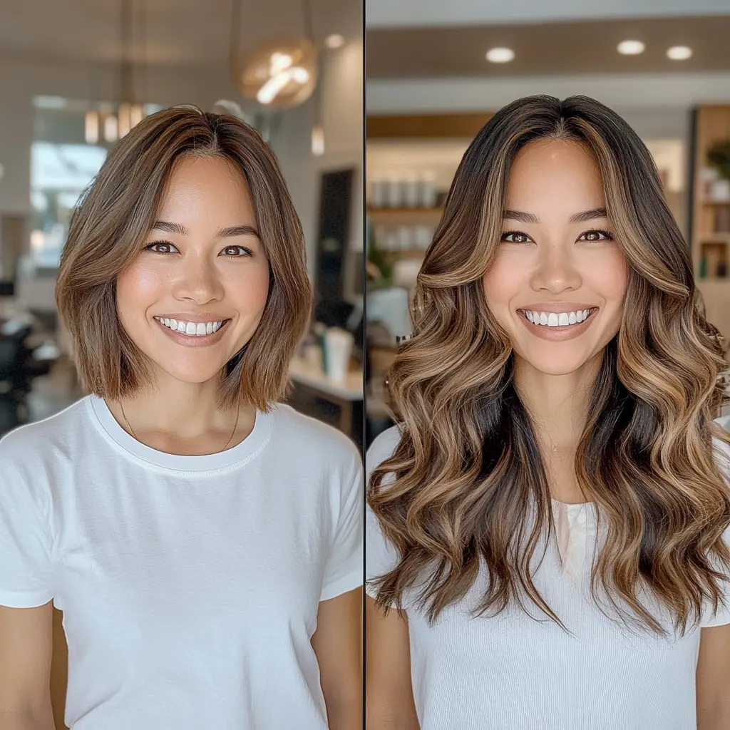 Weft Hair Extensions 1 Split-mirror image showing a woman with short hair on one side and long, voluminous hair with extensions on the other side.