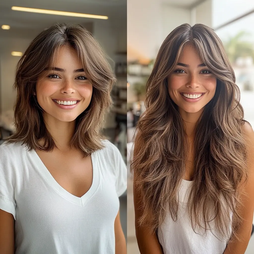 Top 35 Hair Extension Hairstyles for Every Occasion 8 A woman in a beauty salon with a split mirror showing her before and after hair transformation.