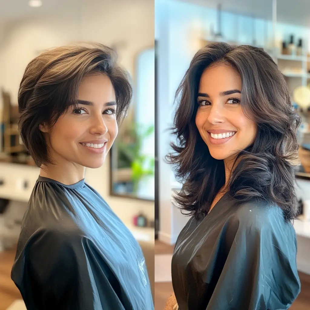 Keratin Fusion Hair Extensions 5 A stylish beauty salon with a split mirror showcasing a woman's hair transformation.
