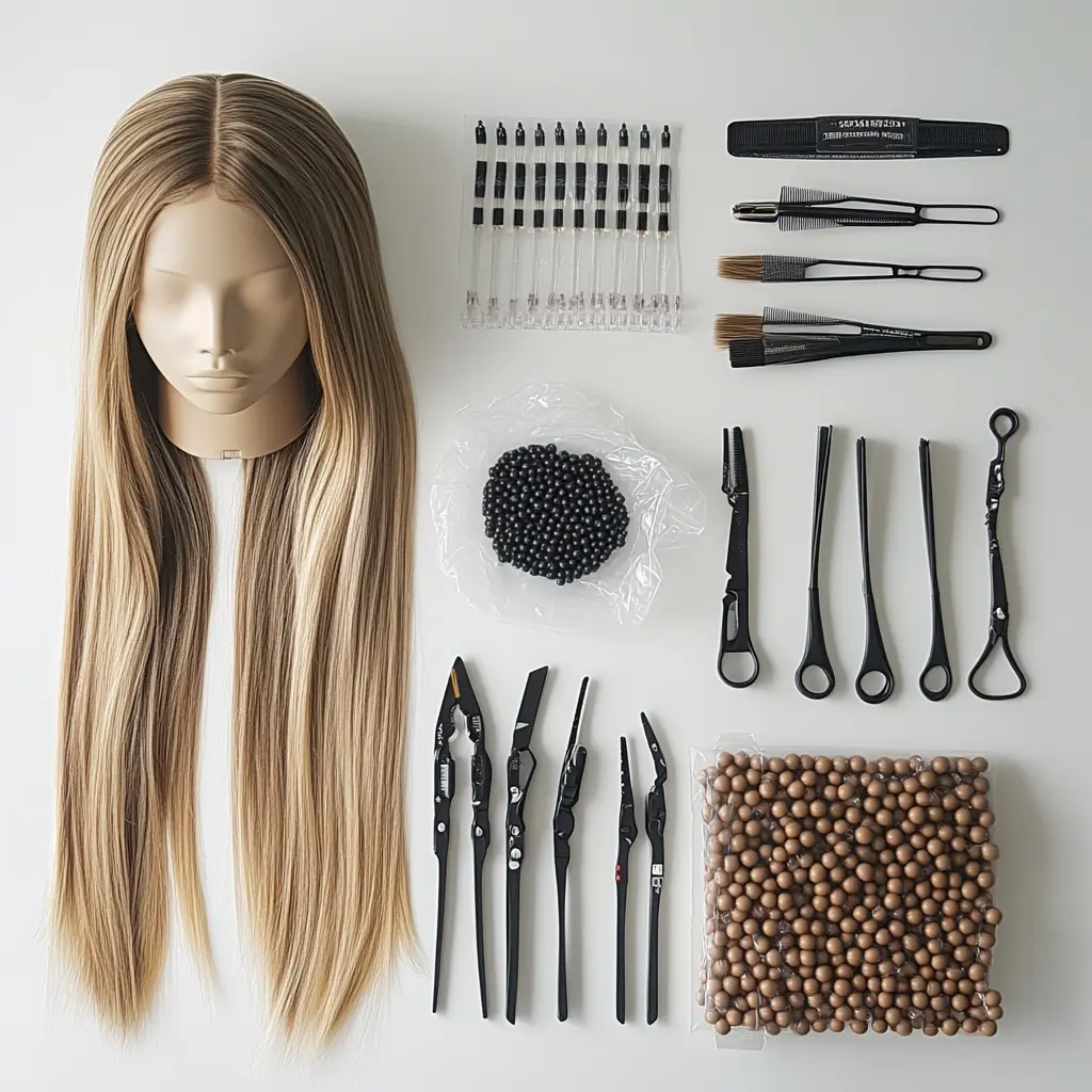 I-Tip Hair Extensions 4 A close-up of the Seamless Weft hair extension training kit, showcasing the precision pliers, loop tools, microbeads, and synthetic hair.