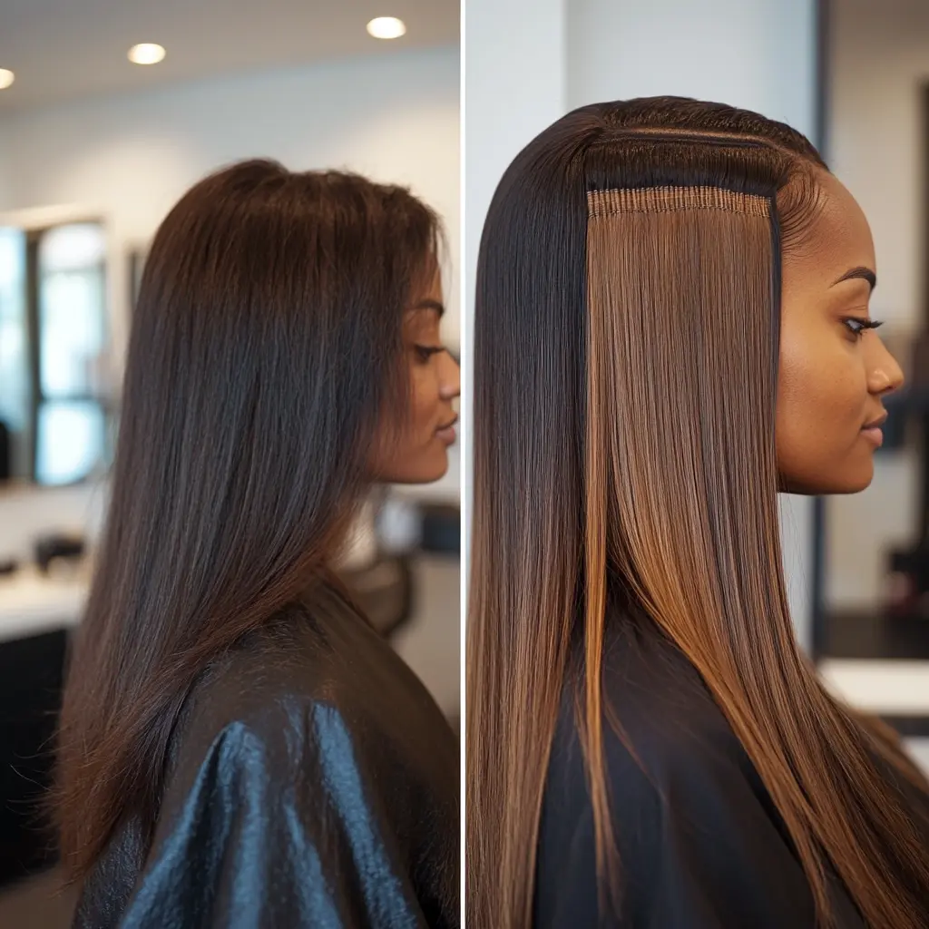 Weft Hair Extensions 5 A woman's hair split, showing natural hair transforming into long extensions in a salon.