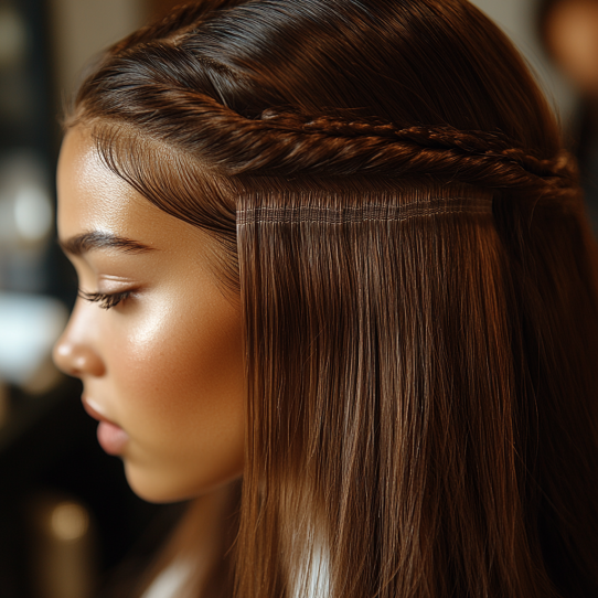 Weft Hair Extensions 6 Close-up of weft hair extensions blending with a client's natural brown hair.