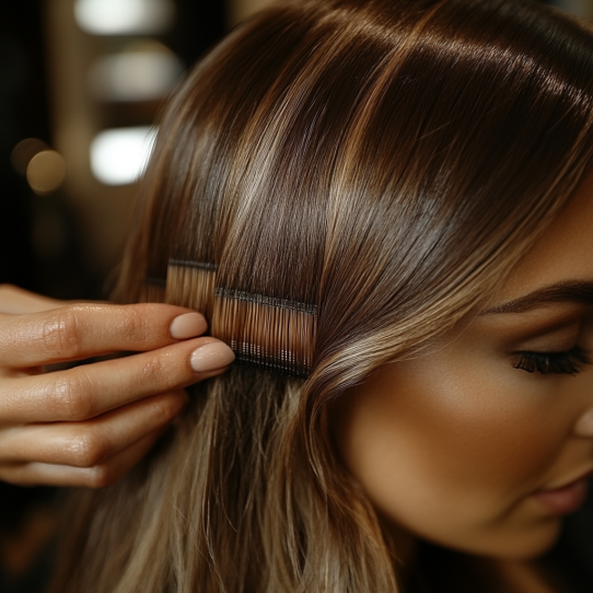 Keratin Fusion Hair Extensions 4 Close-up of a hairstylist applying Weft Hair Extensions using the thread method to ombré hair.