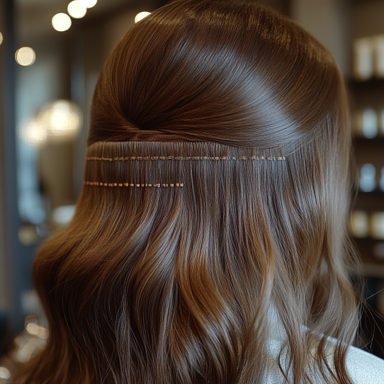 Weft Hair Extensions 3 Close-up of a hairstylist applying thread Weft Hair Extensions to brown hair.