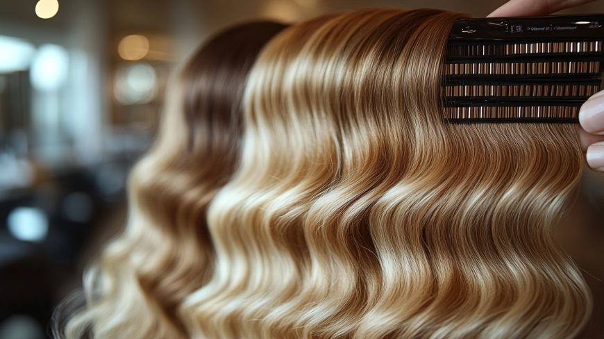 Close-up of weft hair extensions being applied in a salon, showing the technique.