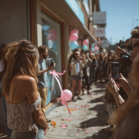 About Us 2 A crowd celebrating the grand opening of a modern and colorful beauty salon.