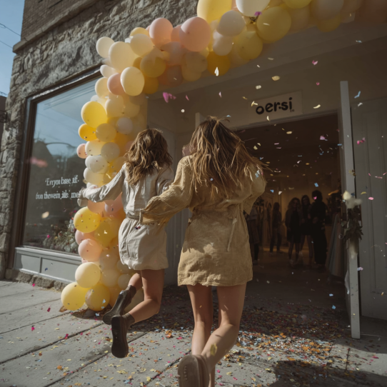 Home 10 Two women jumping with joy in front of a modern beauty salon during its grand opening.