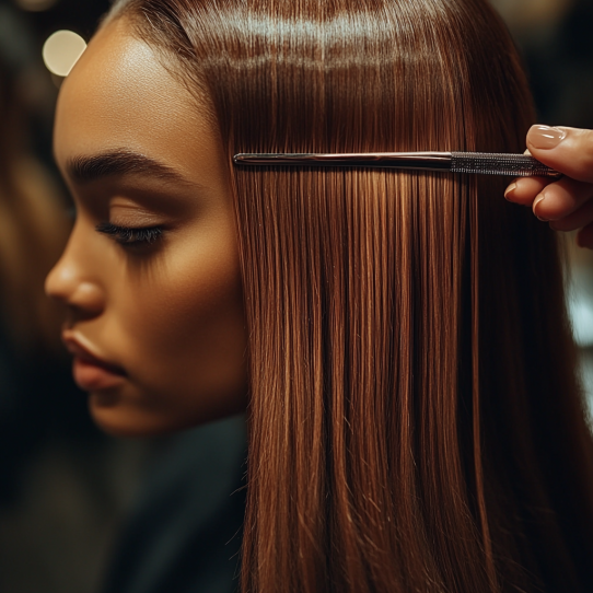 Keratin Fusion Hair Extensions 5 Woman receiving Keratin Hair Extensions in a modern salon.