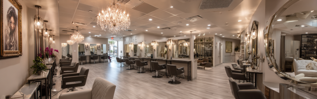 Privacy policies 4 Luxurious California beauty salon with sleek furniture, large mirrors, and a busy yet organized environment.