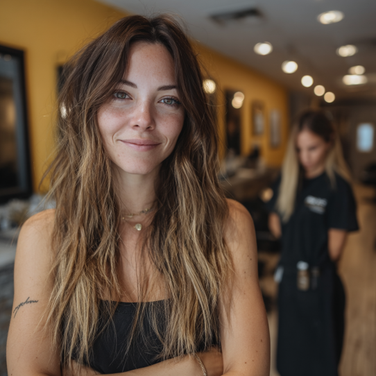 About Us 4 A confident woman smiling, showcasing her long, natural-looking hair extensions in a modern salon.