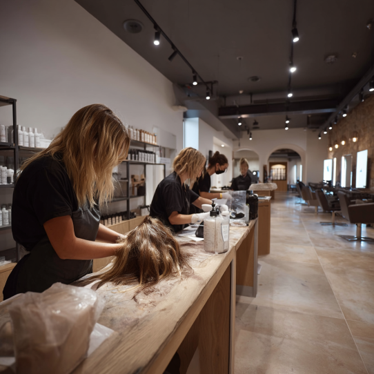 About Us 3 Expert stylists applying different hair extension techniques in a modern salon and academy.