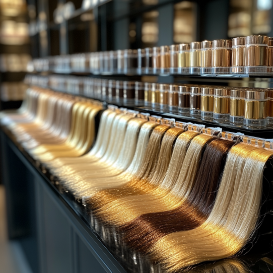 Tape-In Hair Extensions 4 A display of various Tape-In Hair Extensions showing different colors and lengths.