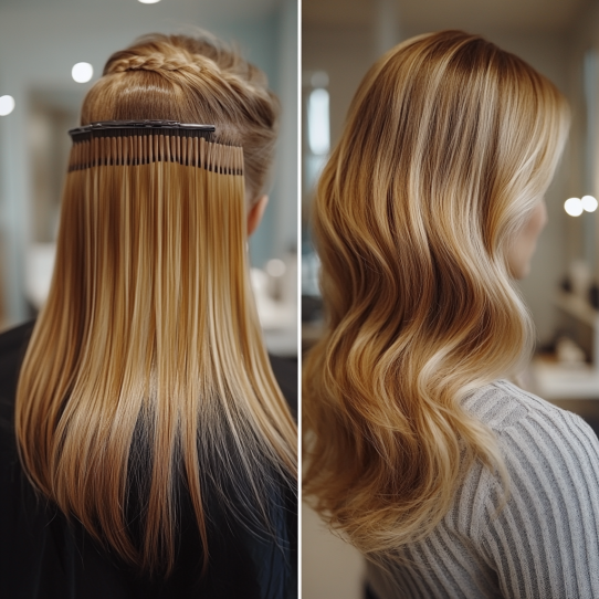 Keratin Fusion Hair Extensions 3 Hair extensions seamlessly blended with natural hair in a modern salon.
