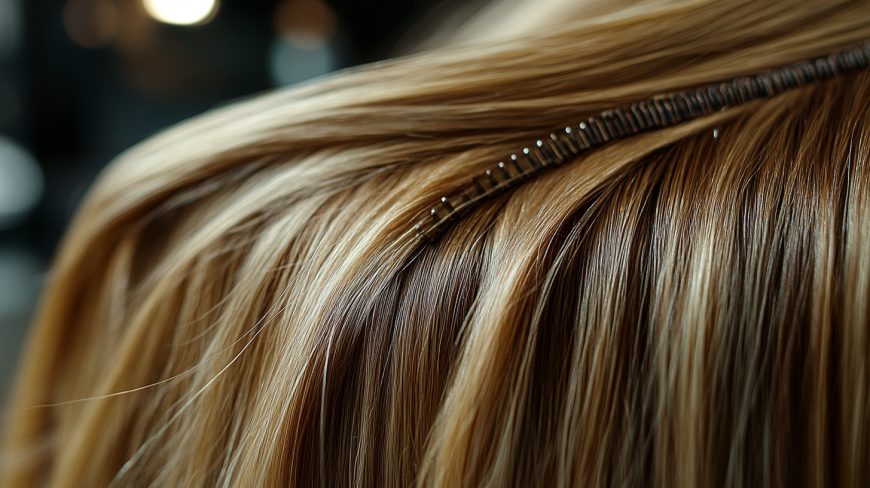 How to care for your I-Tip extensions 1 I-Tip hair extensions blending naturally with existing hair, showing small bead attachments.