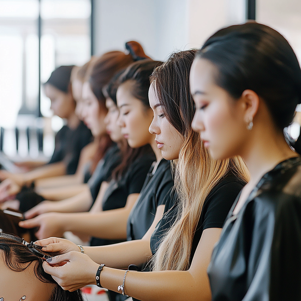 About Us 6 Students practicing hair extension application on mannequin heads in a modern salon setting.