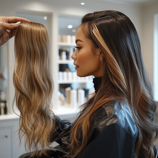 Tape-In Hair Extensions 5 Woman with half-applied tape-in extensions and half fully styled hair in a modern salon.