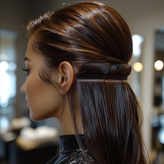 Services 2 Close-up of Tape-In hair extensions applied in horizontal rows, blending with natural hair.