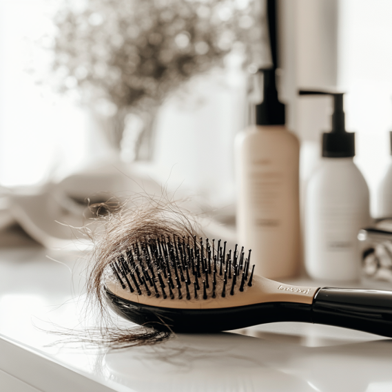 Privacy policies 2 Hairbrush visibly filled with tangled strands of long hair extensions.