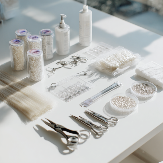 I-Tip Hair Extensions 13 Flat lay of all I-tip hair extension installation tools and materials.