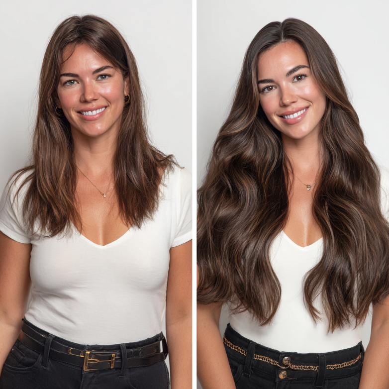 I-Tip Hair Extensions 6 Before and after of a woman with I-Tip hair extensions showing increased volume and length.