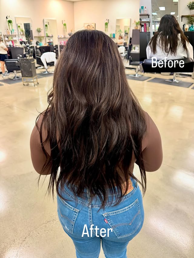 Before & After Hair Extensions: Adding Volume and Length Before-and-after image demonstrating the added volume and length from hair extensions.