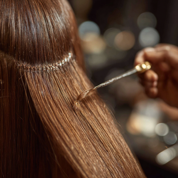 Can Hair Extensions Cause Hair Loss? The Truth You Need to Know 10 A close-up of thin, hand-tied weft hair extensions being carefully applied to natural hair.