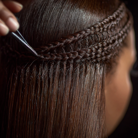 Can Hair Extensions Cause Hair Loss? The Truth You Need to Know 8 Close-up of fine, small braids on the scalp with sew-in hair extensions being carefully applied.