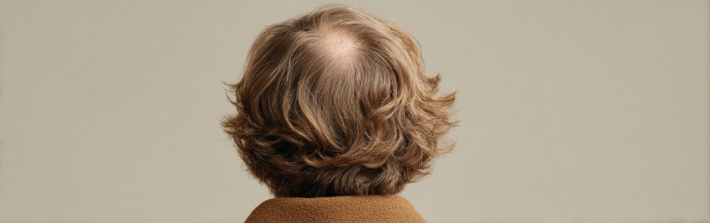 Can Hair Extensions Cause Hair Loss? The Truth You Need to Know 3 A woman's hair seen from behind with visible thinning patches and small bald areas on her scalp.