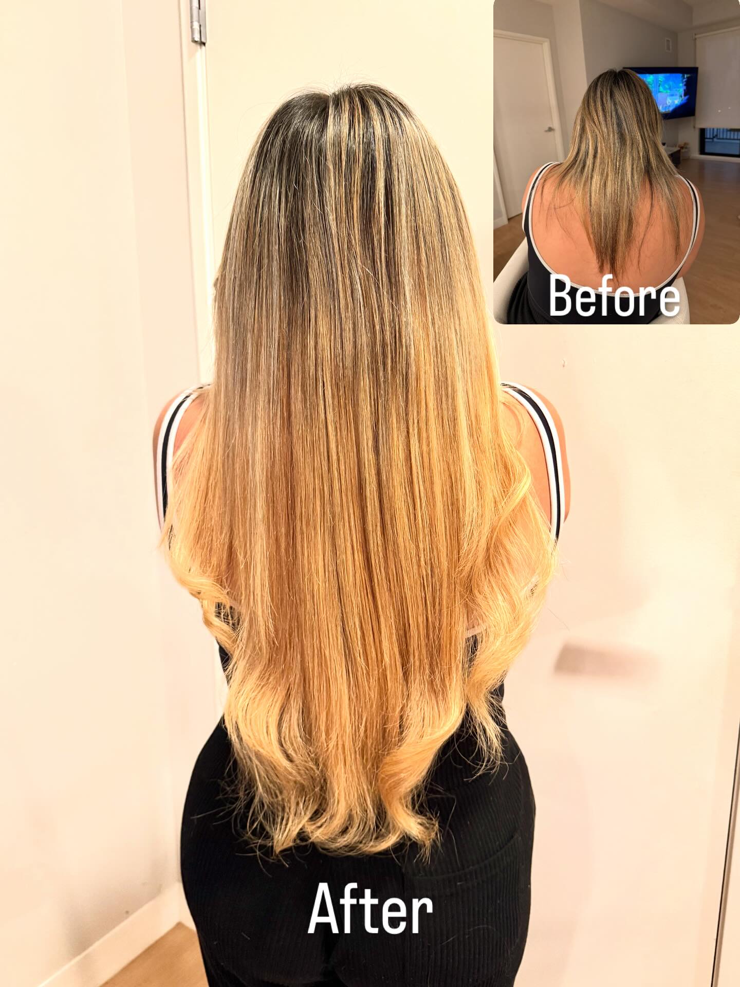 Hair Extensions: Real-Life Results at Our Anaheim Salon A side-by-side comparison of a client's hair before and after getting hair extensions.
