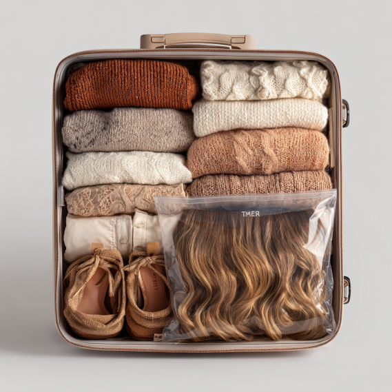 Do Hair Extensions Trigger the Alarm at Airport Security? 17 A single clear resealable bag with neatly arranged hair extensions inside a travel suitcase.