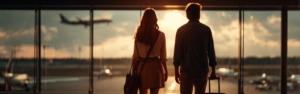 A stylish couple walking toward airport windows with airplanes, a visual representation of travelers concerned about hair extensions triggering the alarm.