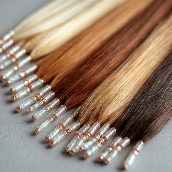 Do Hair Extensions Trigger the Alarm at Airport Security? 6 I-tip hair extensions with tiny metal beads neatly laid out on a surface, highlighting why hair extensions trigger the alarm.