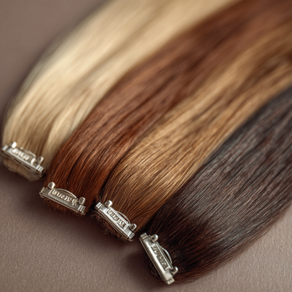 Do Hair Extensions Trigger the Alarm at Airport Security? 4 A set of clip-in hair extensions in various colors, with a close-up on the metal clips that can trigger a security alarm.