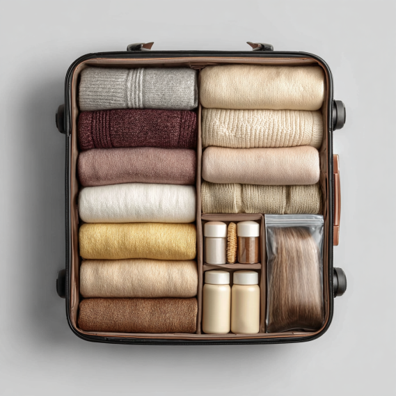 Do Hair Extensions Trigger the Alarm at Airport Security? 14  An open travel suitcase with clothes, toiletries, and a clear bag containing non-metallic hair extensions.