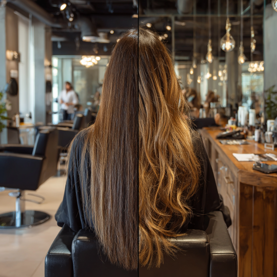 Can Hair Extensions Cause Hair Loss? The Truth You Need to Know 12 A side-by-side comparison of a professional hair extensions salon (left) and an unprofessional salon (right).