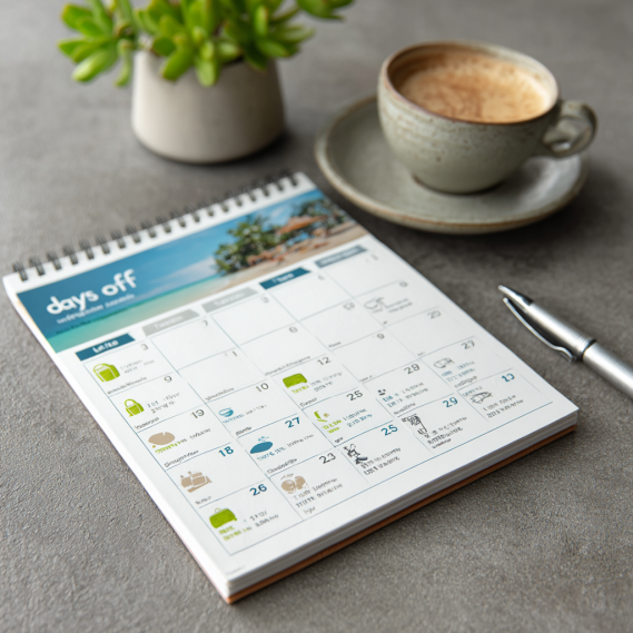 Can Hair Extensions Cause Hair Loss? The Truth You Need to Know 13 A wall calendar with several days off marked with bright colors and sun or beach icons, symbolizing vacation planning.