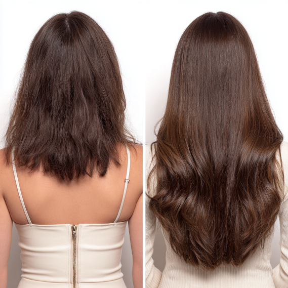 Top 35 Hair Extension Hairstyles for Every Occasion 6 Split image showing the back of a woman's hair before and after getting tape-in hair extensions.