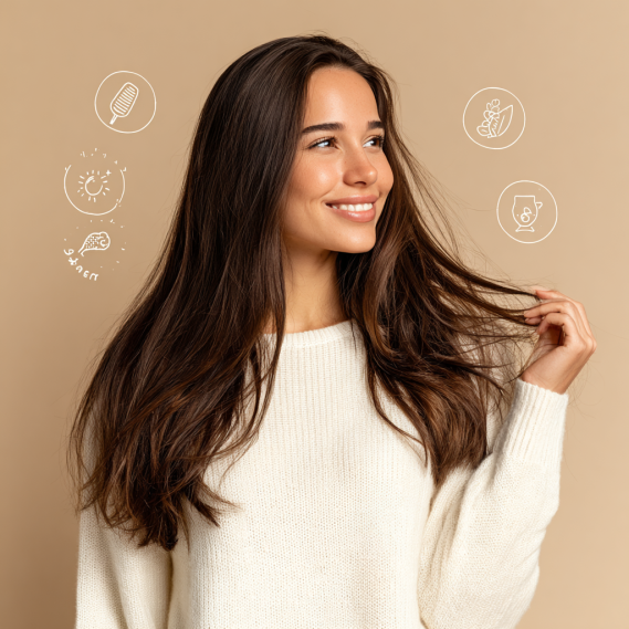 A smiling woman with long, straight dark hair, holding a strand to show the seamless blend of tape-in hair extensions.