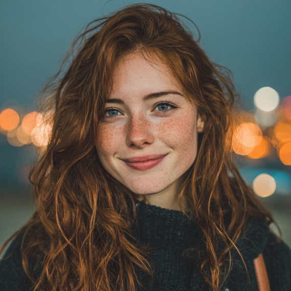 I-Tip Hair Extensions 18 A young woman with long, wavy auburn hair extensions, smiling naturally in a casual outdoor setting.