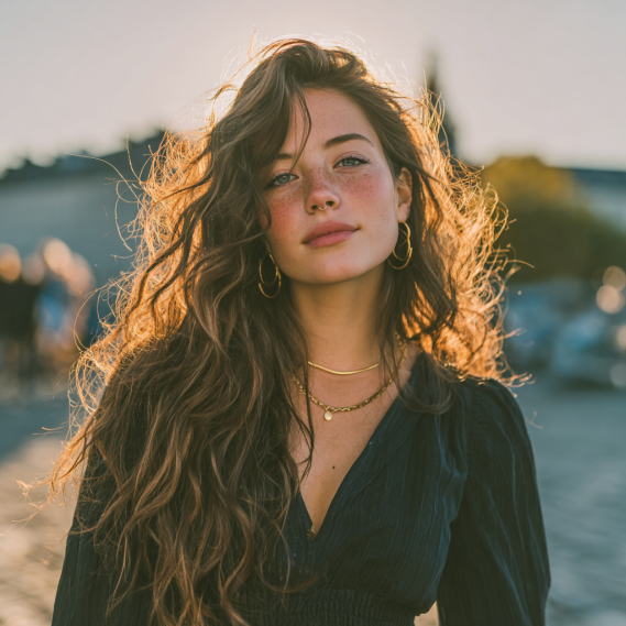 A young woman with a natural wavy hairstyle created using tape-in hair extensions, in an outdoor setting.