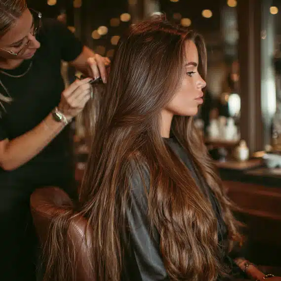 Top 35 Hair Extension Hairstyles for Every Occasion 4 A stylist carefully applying new hair extensions to a client in a clean, modern hair salon.