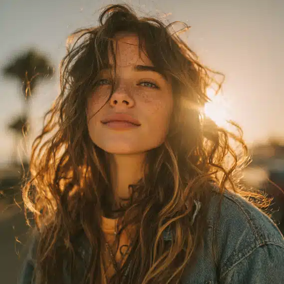 About Us 7 A young woman with long, wavy balayage hair standing near palm trees, showcasing a natural California style.