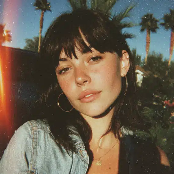 About Us 6 A 26-year-old woman with straight dark hair, taking a selfie outdoors with palm trees.
