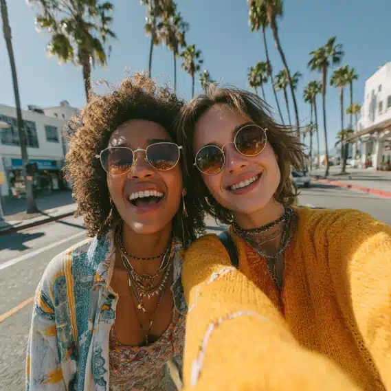About Us 5 Two young women with flawless hair extensions laughing and taking a group selfie on a sunny Californian street.