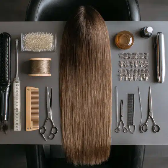 Weft Hair Extensions 5 An overhead view of a salon table with tools for hair extensions weft, including a bundle of hair, a needle, and thread.