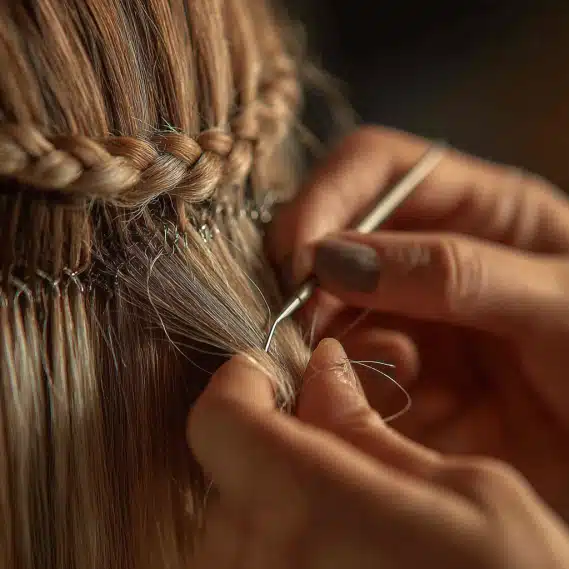 Home 9 A hair stylist carefully sectioning natural hair and using a needle to tie a hand-tied hair extensions weft.