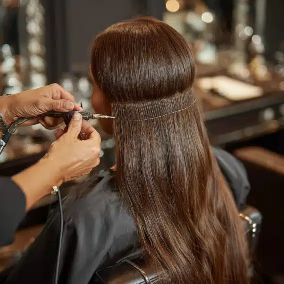 Contact 5 A professional stylist's hands machine-sewing a hair extensions weft into a client's natural hair.
