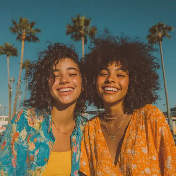 Weft Hair Extensions 18 Two young women with long, natural-looking hair extensions, laughing and posing in a bright California setting.