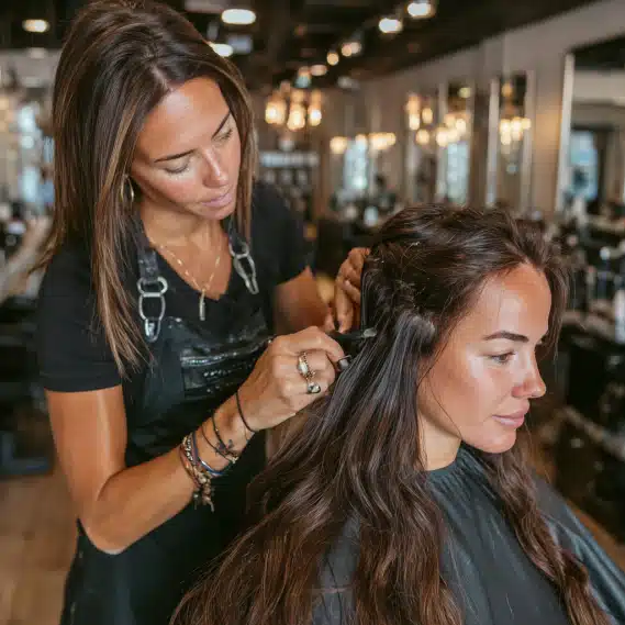 Weft Hair Extensions 3 A professional hair stylist carefully sewing machine weft hair extensions onto a client's hair in a modern salon.